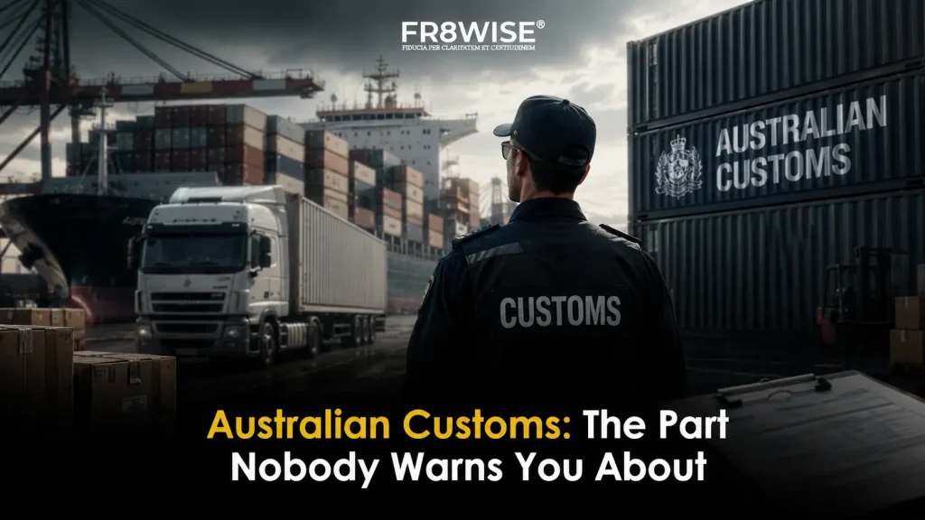 Australian Customs officer at port inspecting freight containers and cargo trucks