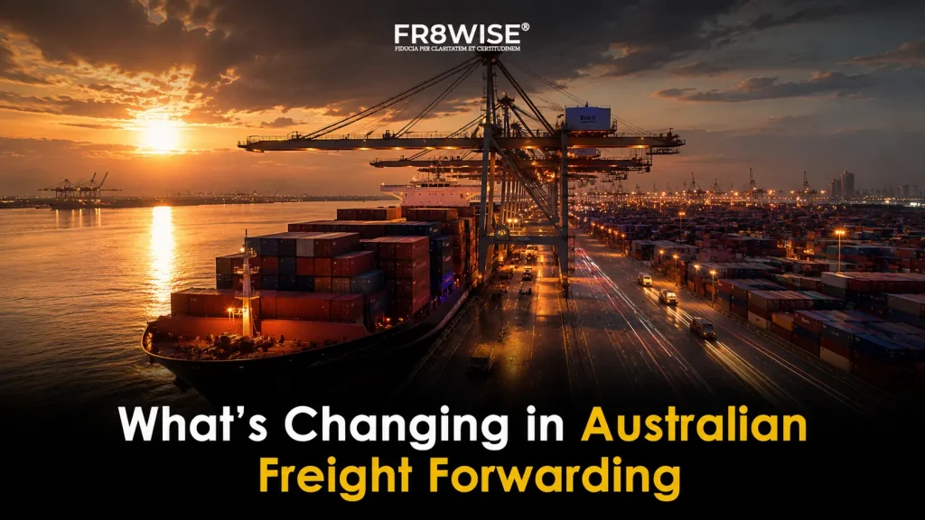 Aerial view of Australian freight forwarding port at sunset with cargo ships and cranes