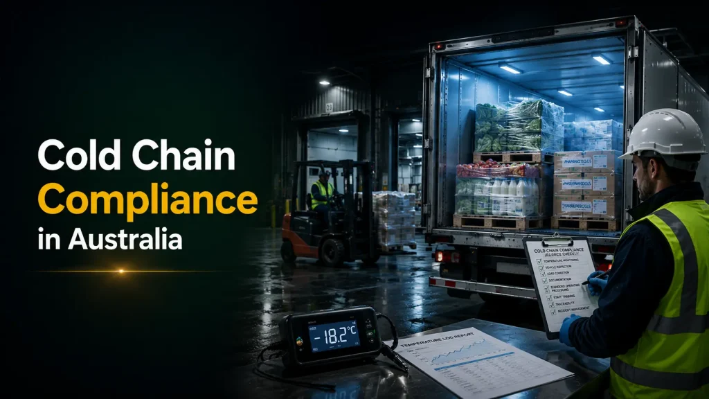 Cold chain compliance in Australia showing temperature monitoring device, compliance checklist and refrigerated truck loading