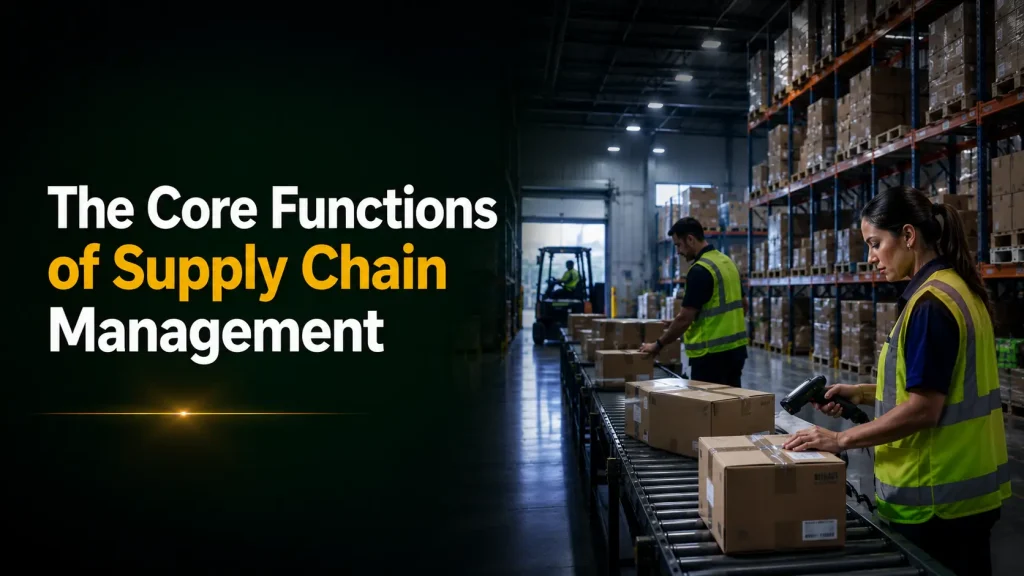 Core functions of supply chain management showing warehouse workers scanning and sorting parcels on conveyor belt