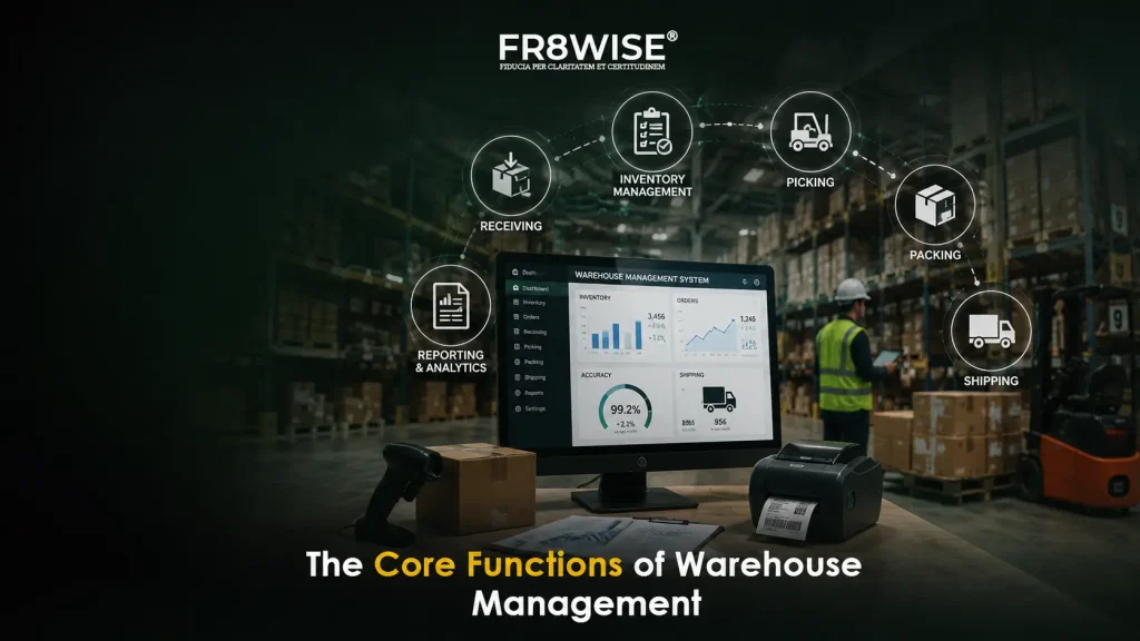 Core functions of warehouse management including receiving, inventory, picking, packing, shipping and analytics