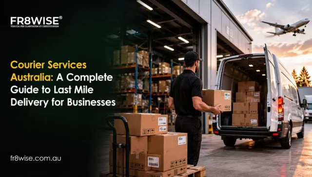 Courier services Australia showing delivery worker loading parcels into van outside warehouse
