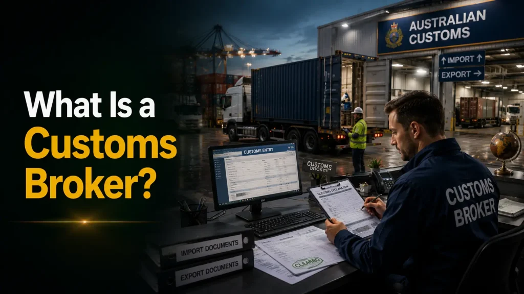 Australian customs broker reviewing import and export documents at desk with customs control area in background