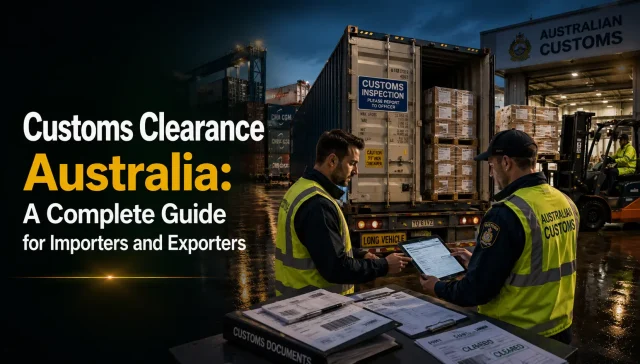 Customs clearance Australia showing two customs officers inspecting container with import documents at port