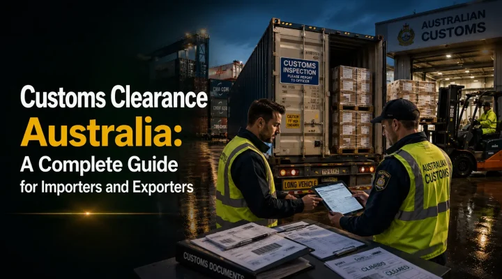 Customs clearance Australia showing two customs officers inspecting container with import documents at port