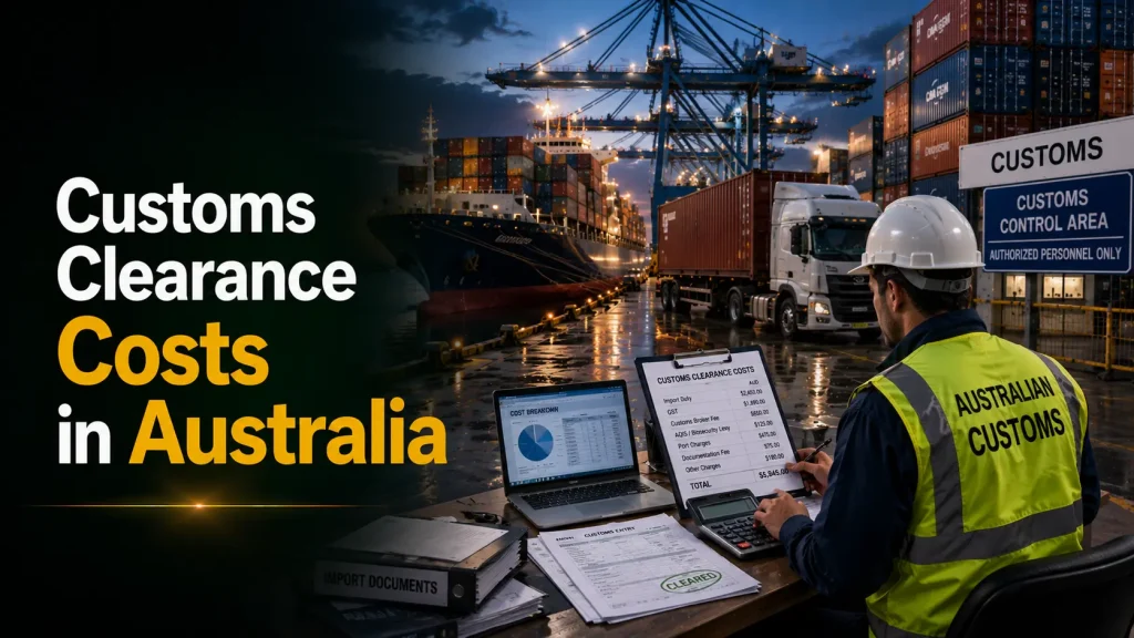 Customs clearance costs in Australia showing customs officer reviewing import documents and cost breakdown at port