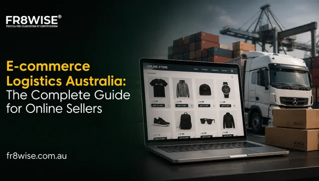 E-commerce logistics Australia showing online store on laptop with freight truck and cargo boxes