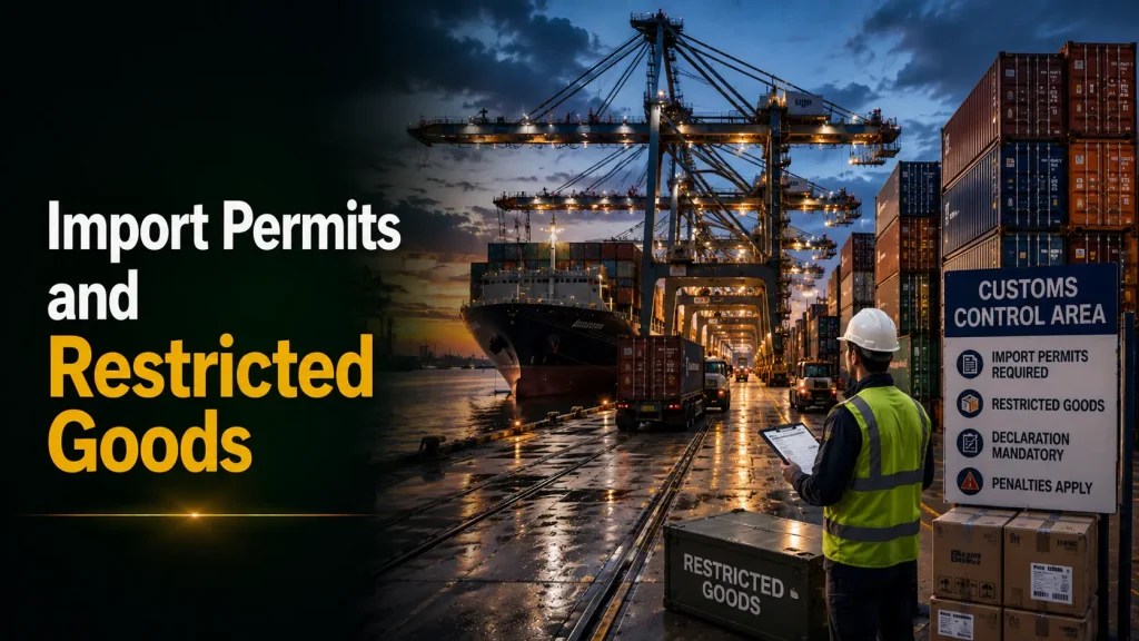 Import permits and restricted goods in Australia showing customs control area signage at container port