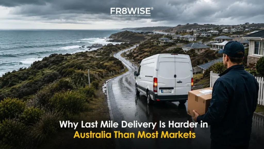 Last mile delivery in Australia showing courier van on coastal regional road with delivery driver