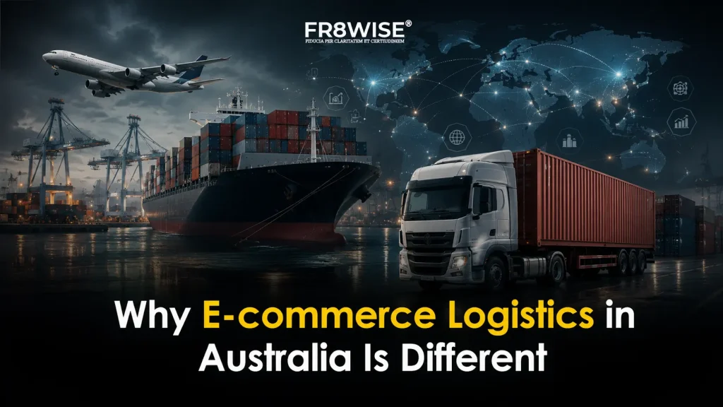 Why e-commerce logistics in Australia is different showing cargo ship, aircraft, truck and global network map