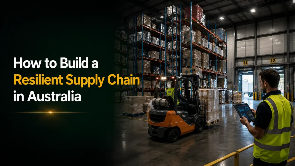 How to build a resilient supply chain in Australia showing warehouse manager monitoring forklift operations with digital dashboard