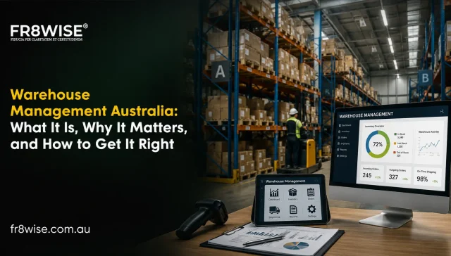 Warehouse management Australia showing WMS dashboard, inventory tracking system and warehouse worker