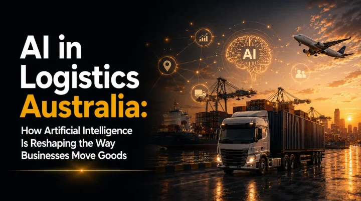 AI in logistics Australia showing artificial intelligence technology applied to freight truck, cargo ship and airport operations