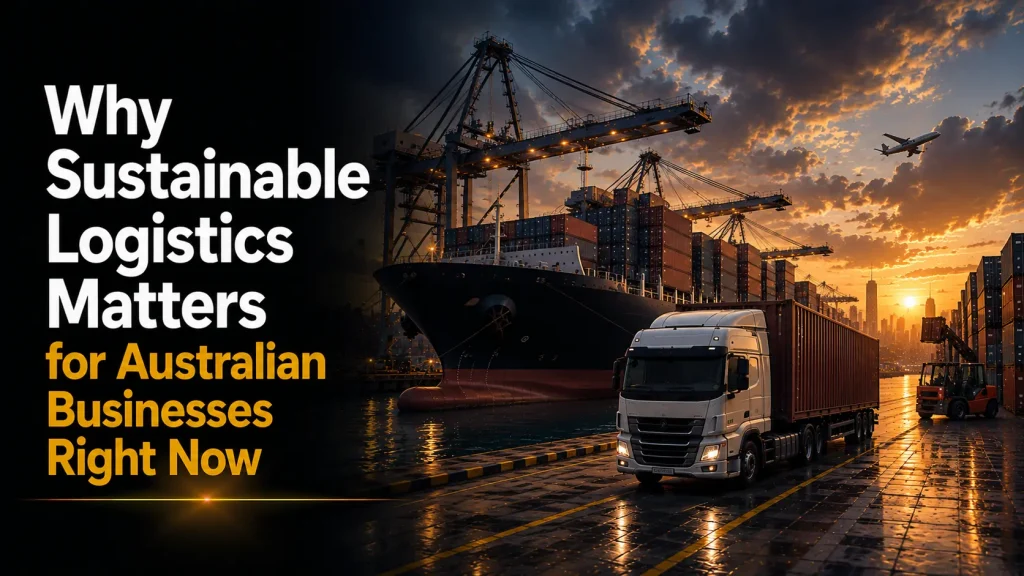why sustainable logistics matters, showing a cargo ship, cargo plane, truck, and forklift at a busy port at sunset, representing multimodal freight transport in Australia