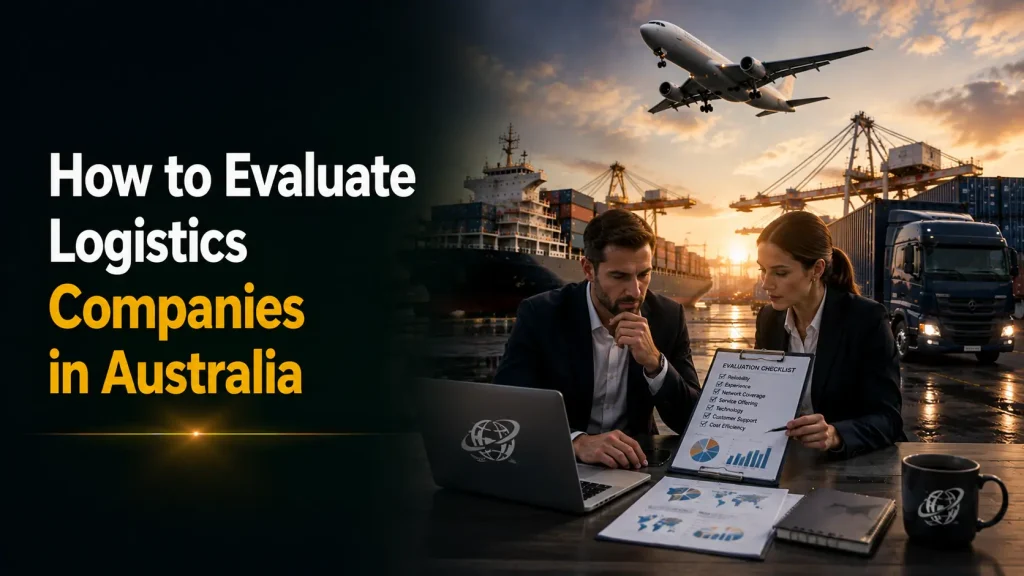 How to Evaluate Logistics Companies in Australia" showing business professionals reviewing a supply chain evaluation checklist at a busy cargo port