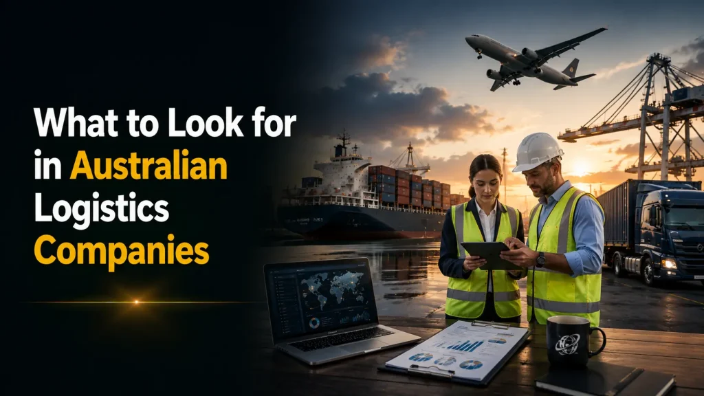 What to Look for in Australian Logistics Companies" alongside a cargo ship, airplane, delivery truck, and logistics workers reviewing data at a port terminal.